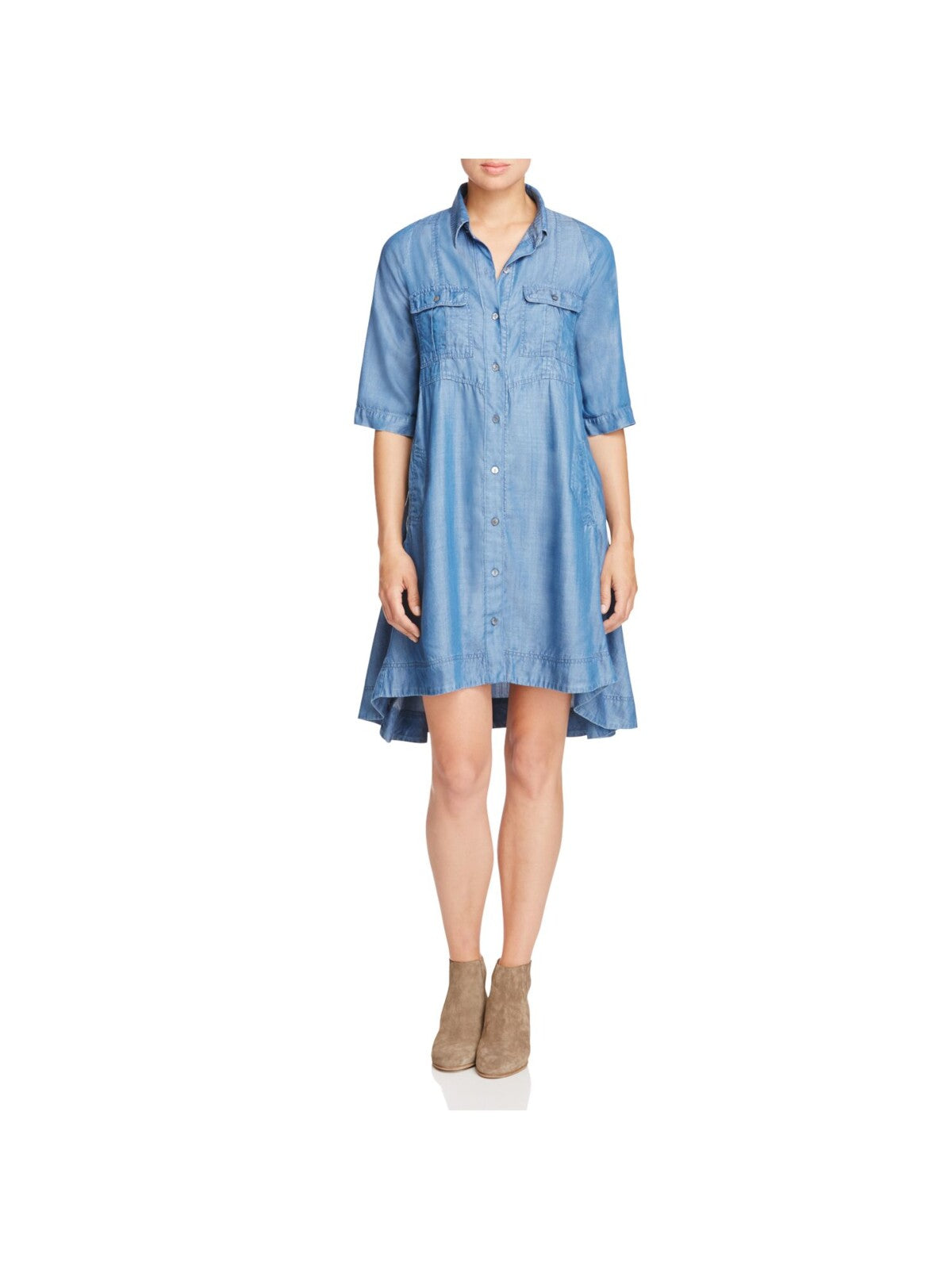 4OUR DREAMERS Womens Blue Pocketed Roll Tab Sleeve Button Down Easy Elbow Sleeve Collared Above The Knee Cocktail Hi-Lo Dress S