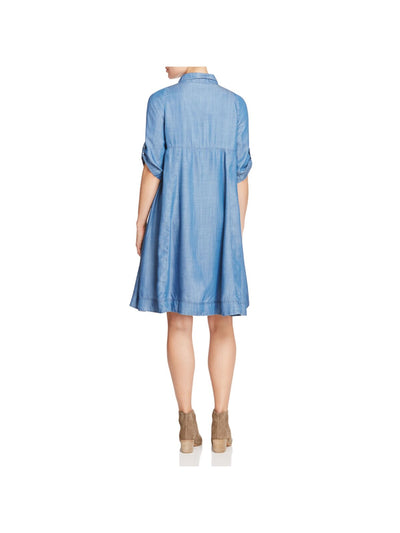 4OUR DREAMERS Womens Blue Pocketed Roll Tab Sleeve Button Down Easy Elbow Sleeve Collared Above The Knee Cocktail Hi-Lo Dress S