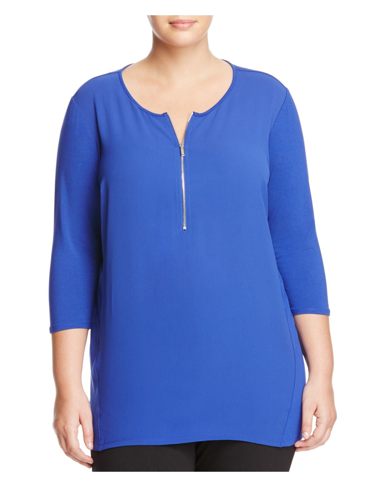 VINCE CAMUTO Womens Blue Textured Half-zip Vented Step Hem 3/4 Sleeve Collarless Wear To Work Top Plus 1X