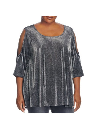 NALLY & MILLIE Womens Stretch Metallic Cold Shoulder Semi-sheer 3/4 Sleeve Scoop Neck Evening Top