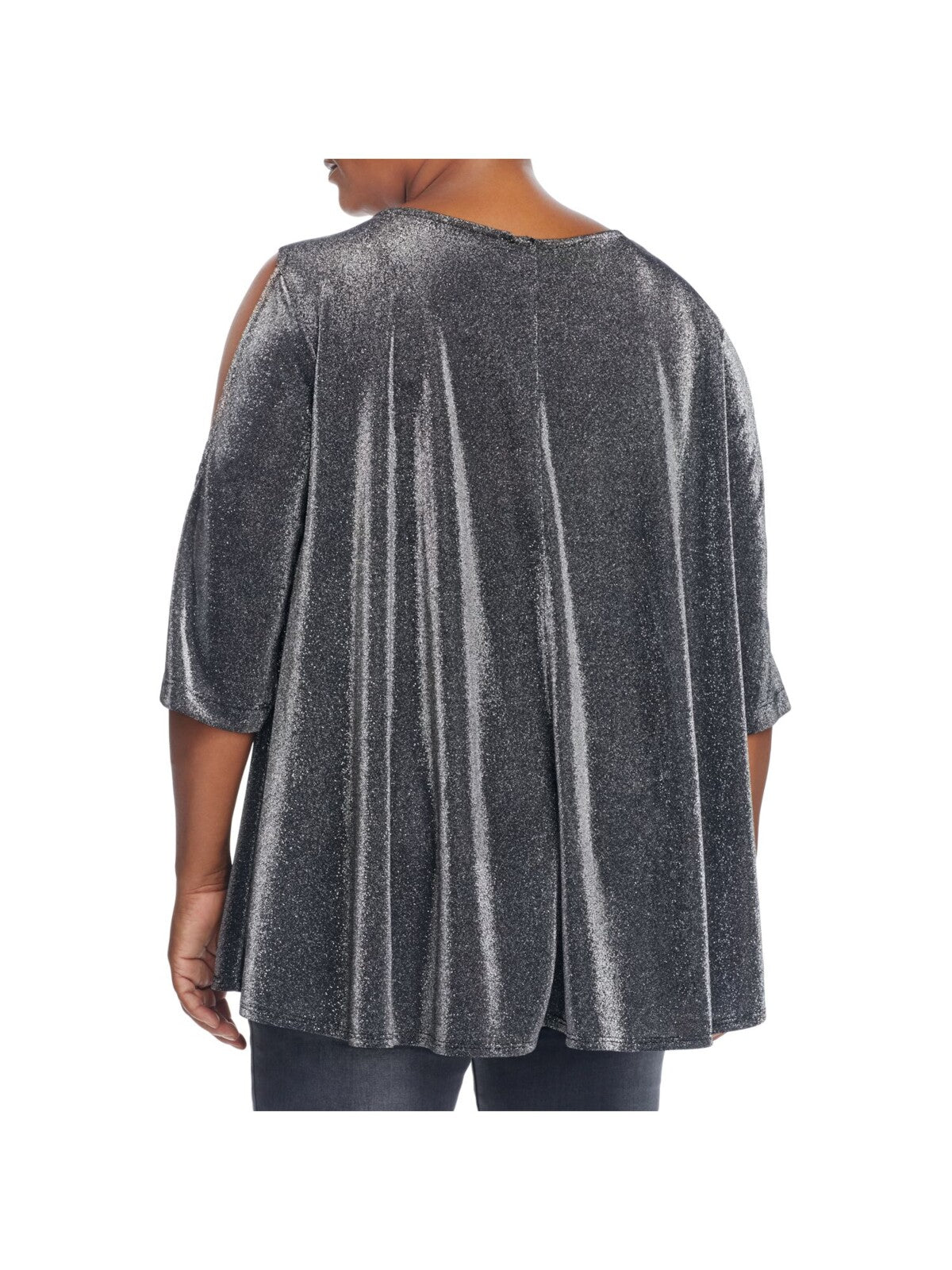 NALLY & MILLIE Womens Stretch Metallic Cold Shoulder Semi-sheer 3/4 Sleeve Scoop Neck Evening Top