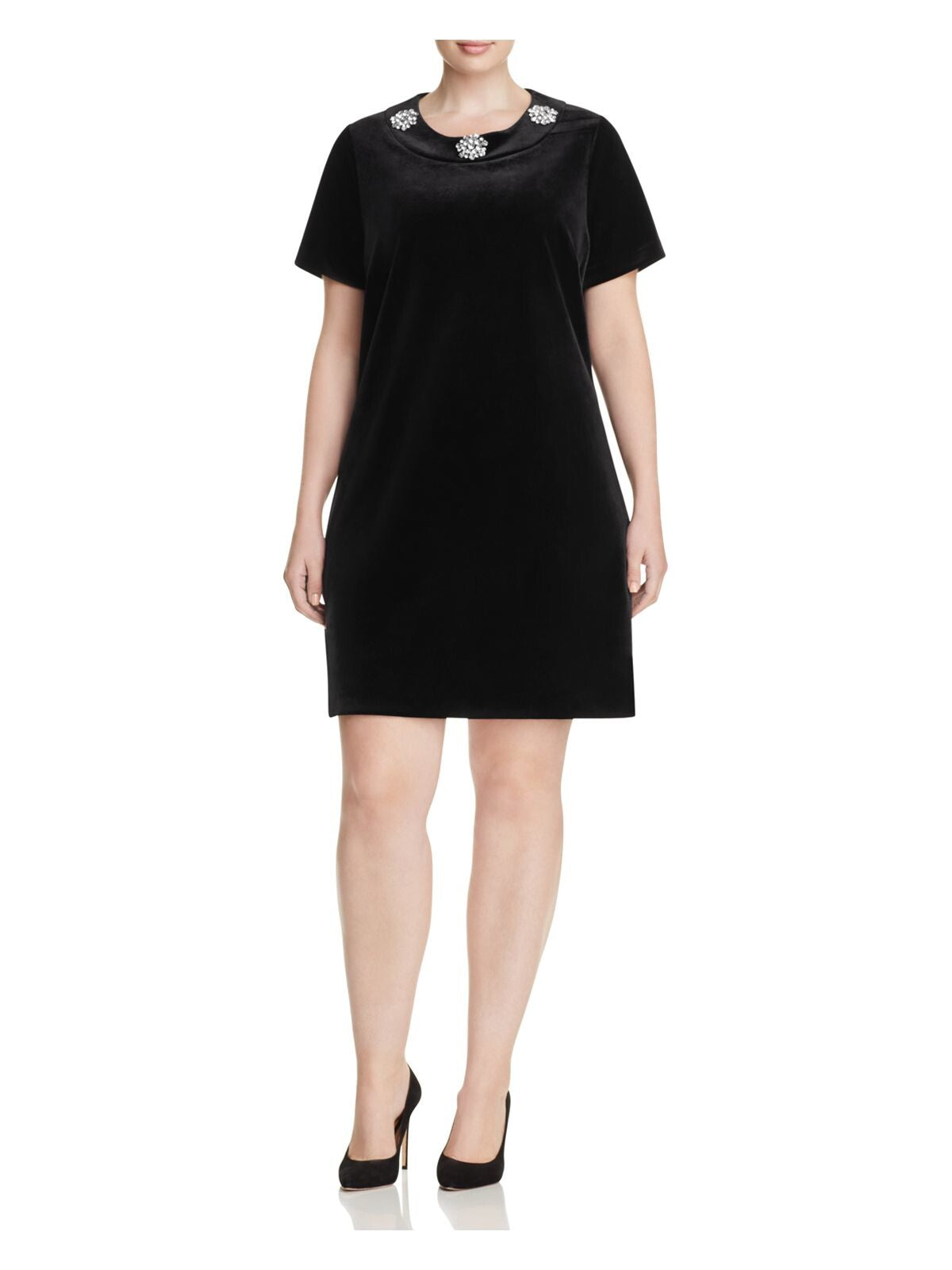 MICHAEL KORS Womens Rhinestone Zippered Unlined Darted Short Sleeve Jewel Neck Above The Knee Evening Shift Dress