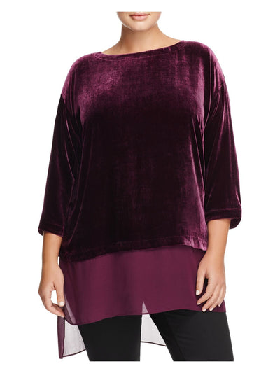 EILEEN FISHER Womens Purple 3/4 Sleeve Boat Neck Hi-Lo Top Plus 3X