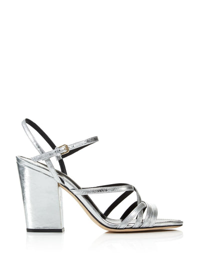 SERGIO ROSSI Womens Silver Strappy Metallic Aleck Round Toe Block Heel Buckle Leather Dress Slingback Sandal 36.5