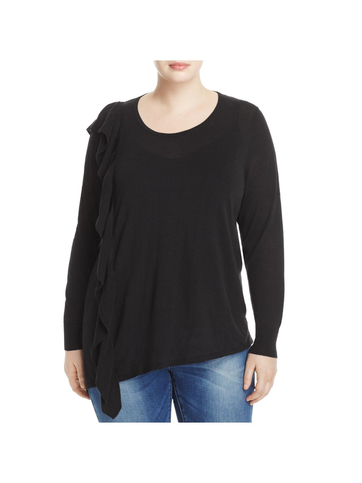 FOXCROFT Womens Black Ruffled Asymmetrical Hem 3/4 Sleeve Jewel Neck Wear To Work Top Plus 1X