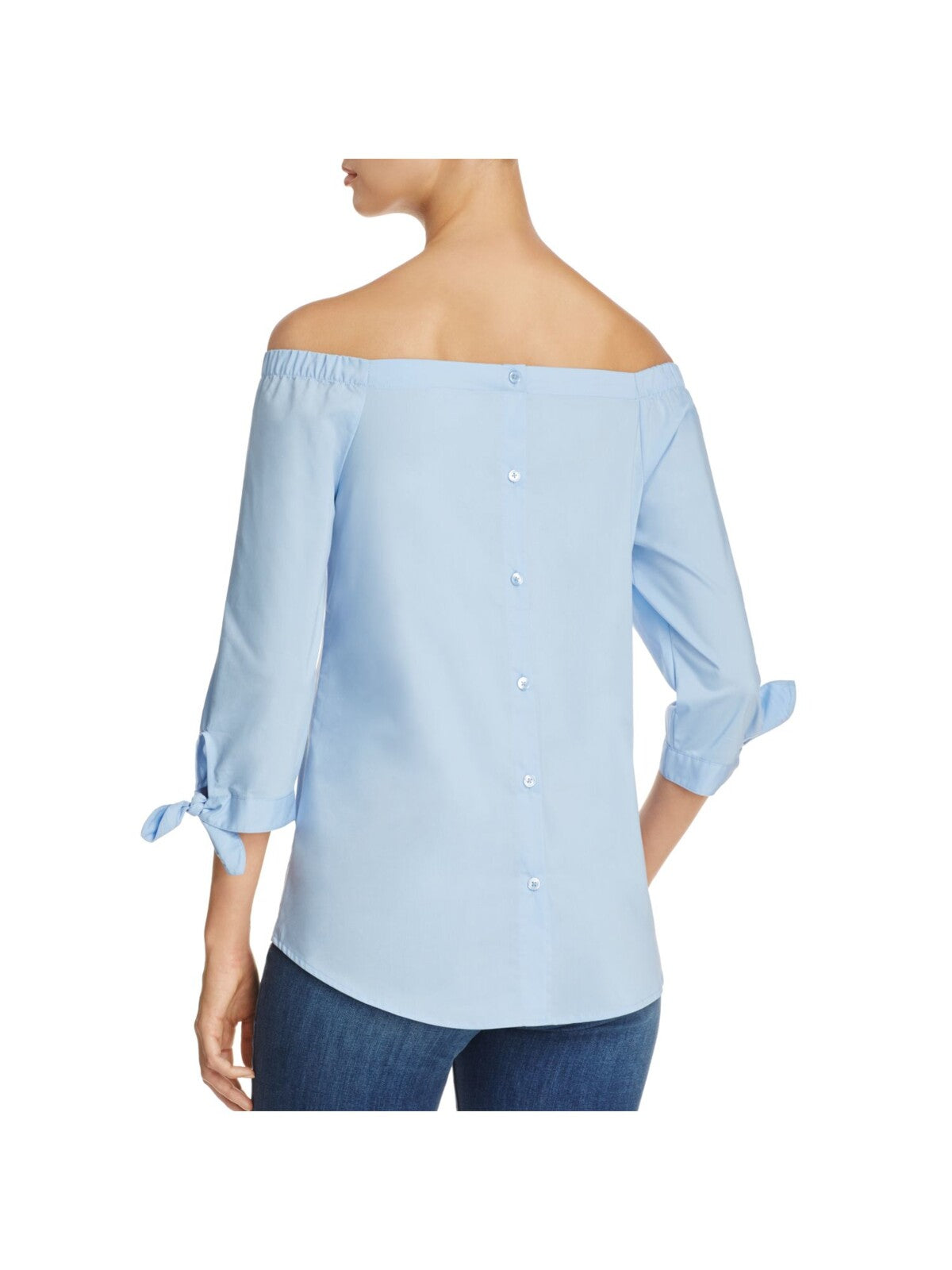 CUPIO BLUSH Womens Light Blue Tie Button Down Back 3/4 Sleeve Off Shoulder Top L