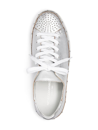 REBECCA MINKOFF Womens Silver Padded Treaded Distressed Studded Round Toe Platform Lace-Up Leather Sneakers Shoes