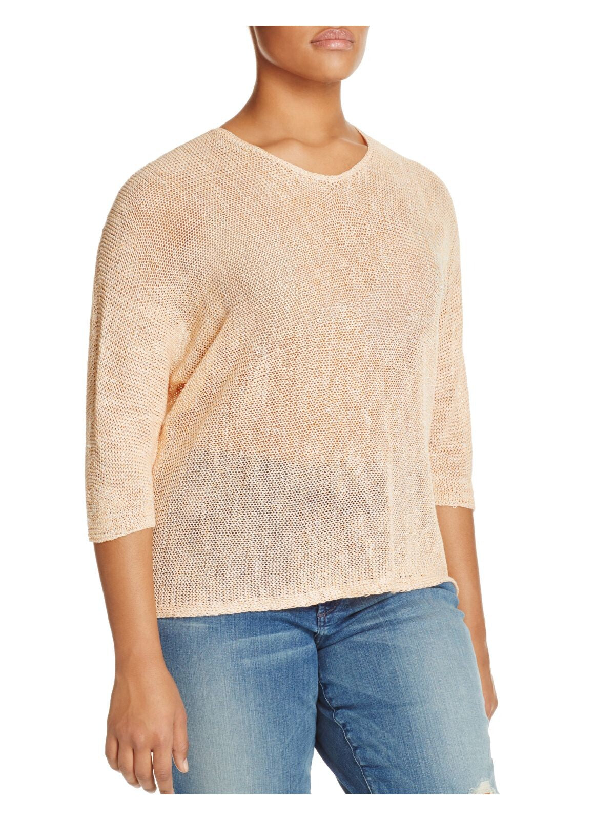 NIC+ZOE Womens Sheer Open-stitch-knit 3/4 Sleeve V Neck Top