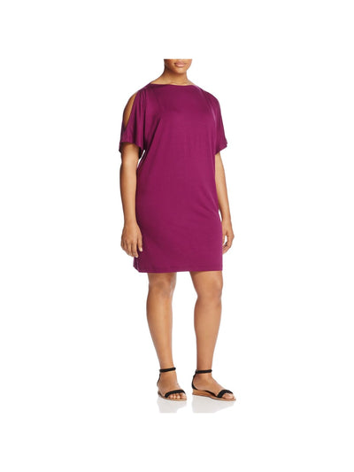 EILEEN FISHER Womens Purple Stretch Cold Shoulder Cocoon Jersey Elbow Sleeve Boat Neck Knee Length Shift Dress Plus 1X