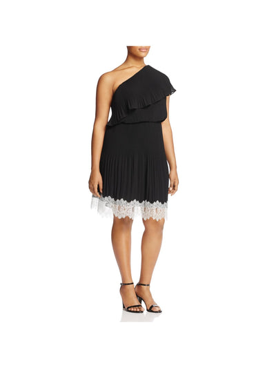 MICHAEL MICHAEL KORS Womens Black Sheer Overlay Accordion Pleated Lined Flutter Sleeve Asymmetrical Neckline Knee Length Party Fit + Flare Dress Plus 18W