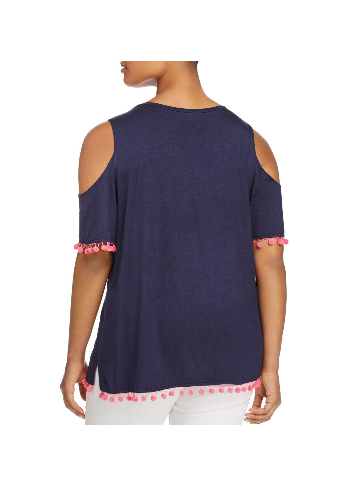 ALISON ANDREWS Womens Navy Stretch Cold Shoulder Pom Pom Trim Short Sleeve Scoop Neck Blouse Plus 1X