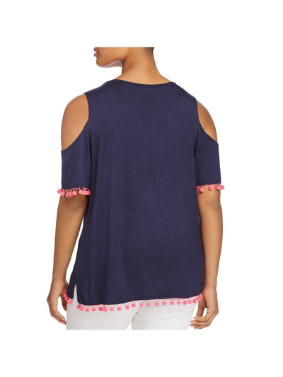 ALISON ANDREWS Womens Navy Stretch Cold Shoulder Pom Pom Trim Short Sleeve Scoop Neck Blouse Plus 2X