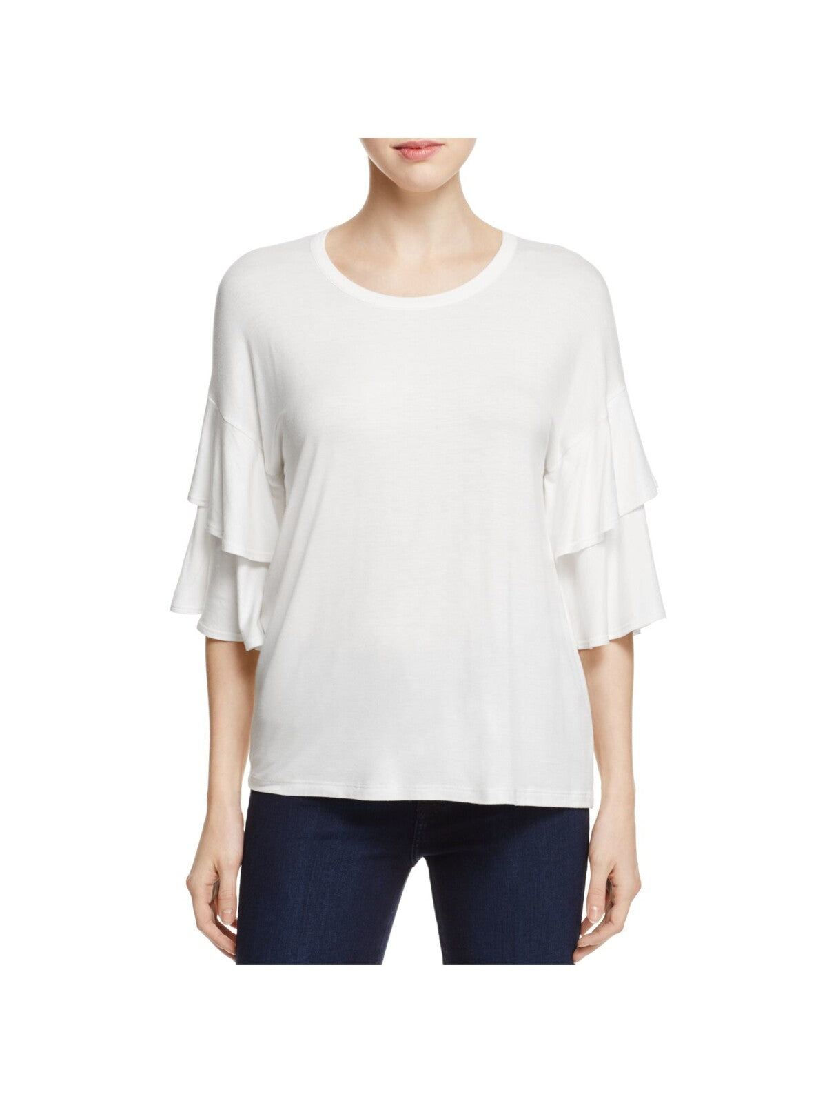 K & C Womens Ivory Stretch Ruffled Tiered Bell Sleeve Round Neck Top L