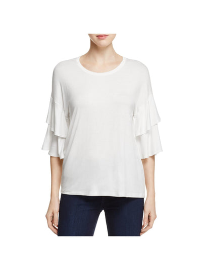 K & C Womens Ivory Stretch Ruffled Tiered Bell Sleeve Round Neck Top L