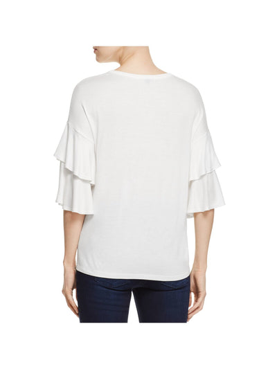 K & C Womens Ivory Stretch Ruffled Tiered Bell Sleeve Round Neck Top L