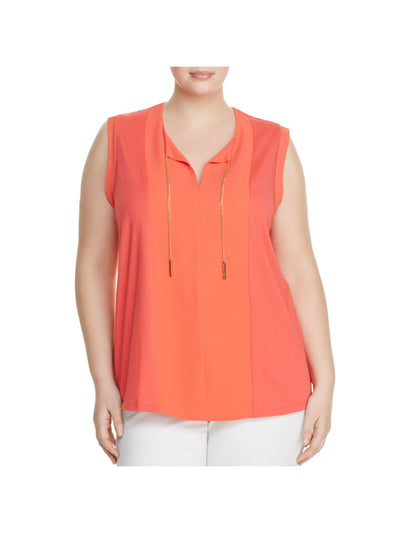 MICHAEL KORS Womens Coral Tie Textured Bodice And Trim With Ne Sleeveless Split Top Plus 0X