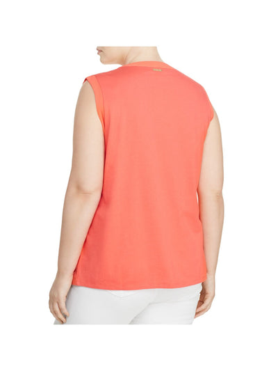 MICHAEL KORS Womens Coral Tie Textured Bodice And Trim With Ne Sleeveless Split Top Plus 0X