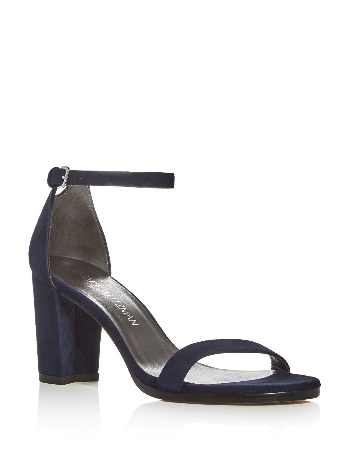 STUART WEITZMAN Womens Navy Ankle Strap Padded Nearlynude Round Toe Block Heel Buckle Leather Dress Sandals Shoes 5.5 M