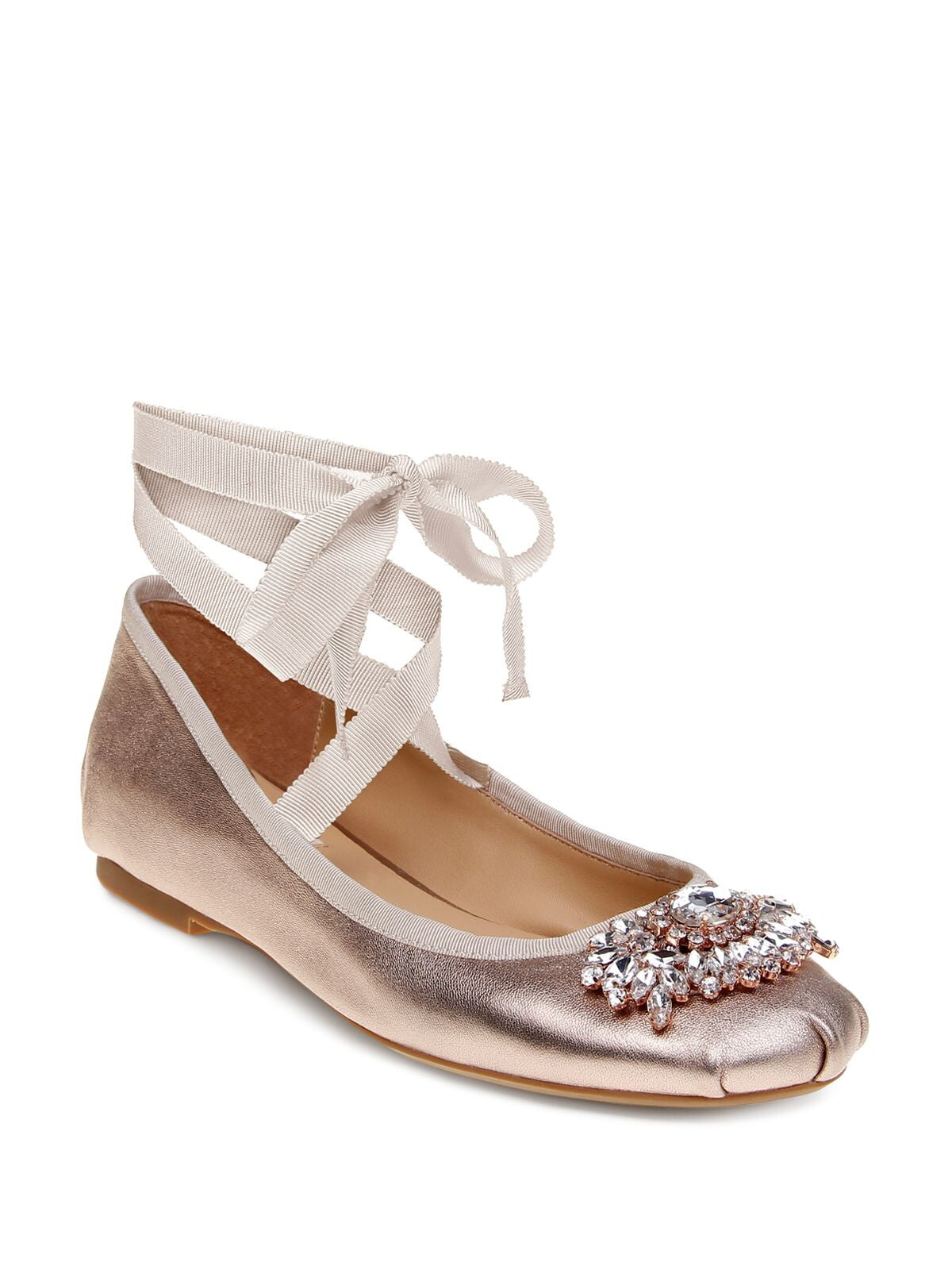 BADGLEY MISCHKA Womens Beige Rhinestone Cushioned Karter Round Toe Block Heel Lace-Up Leather Ballet Flats 6.5 M