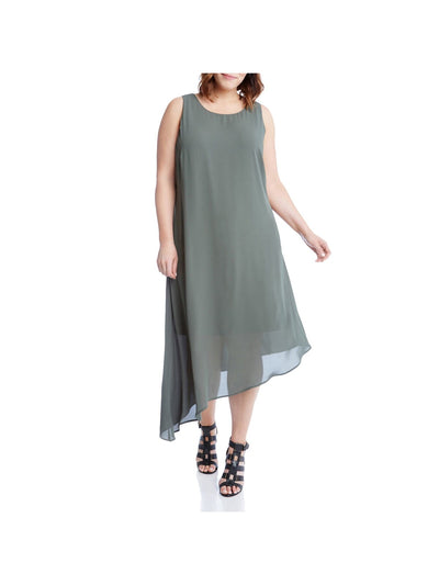 KAREN KANE Womens Green Zippered Sheer Asymmetrical Overlay Lined Sleeveless Round Neck Midi Shift Dress Plus 0X