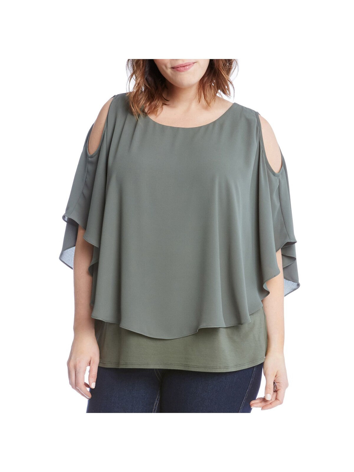 KAREN KANE Womens Green Stretch Cold Shoulder Layered Flutter Sleeve Round Neck Top Plus 3X