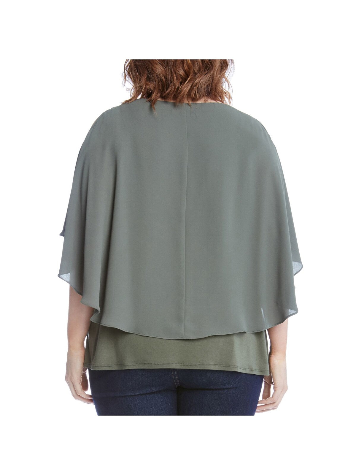 KAREN KANE Womens Green Stretch Cold Shoulder Layered Flutter Sleeve Round Neck Top Plus 3X