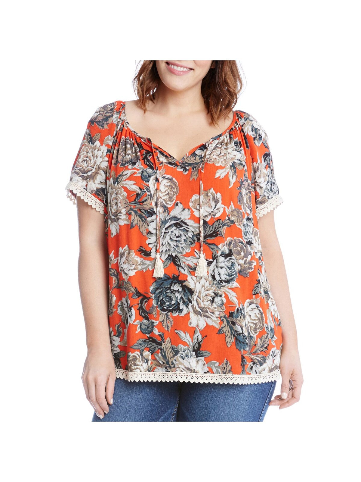 KAREN KANE Womens Orange Floral Short Sleeve Keyhole Top Plus 0X