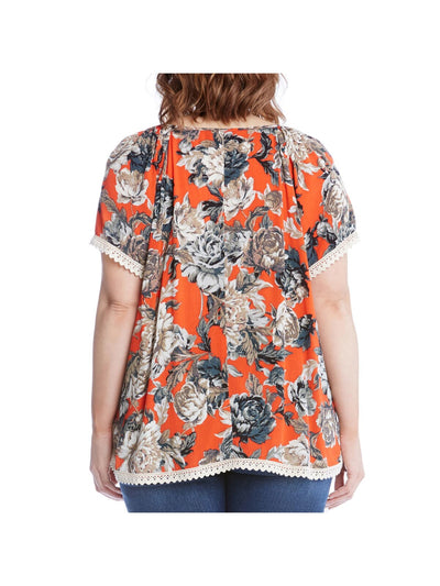 KAREN KANE Womens Orange Floral Short Sleeve Keyhole Top Plus 0X