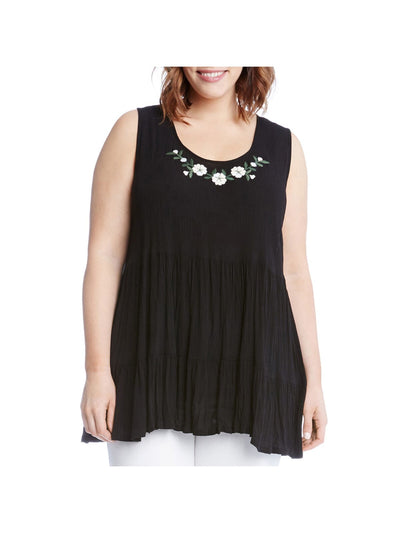 KAREN KANE Womens Black Embroidered Gauze Tiered Floral Sleeveless Scoop Neck Trapeze Top Plus 1X