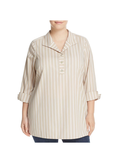 FOXCROFT Womens Beige Striped Collared Tunic Top Plus 18W