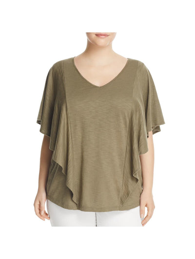 FOXCROFT Womens Green Ruffled Flutter Sleeve V Neck T-Shirt Plus 2X