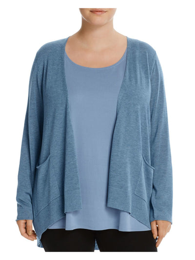 EILEEN FISHER Womens Blue Pocketed Sheer Hi Lo Hem Heather Long Sleeve Open Front Cardigan Plus 2X