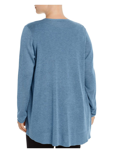 EILEEN FISHER Womens Blue Pocketed Sheer Hi Lo Hem Heather Long Sleeve Open Front Cardigan Plus 2X