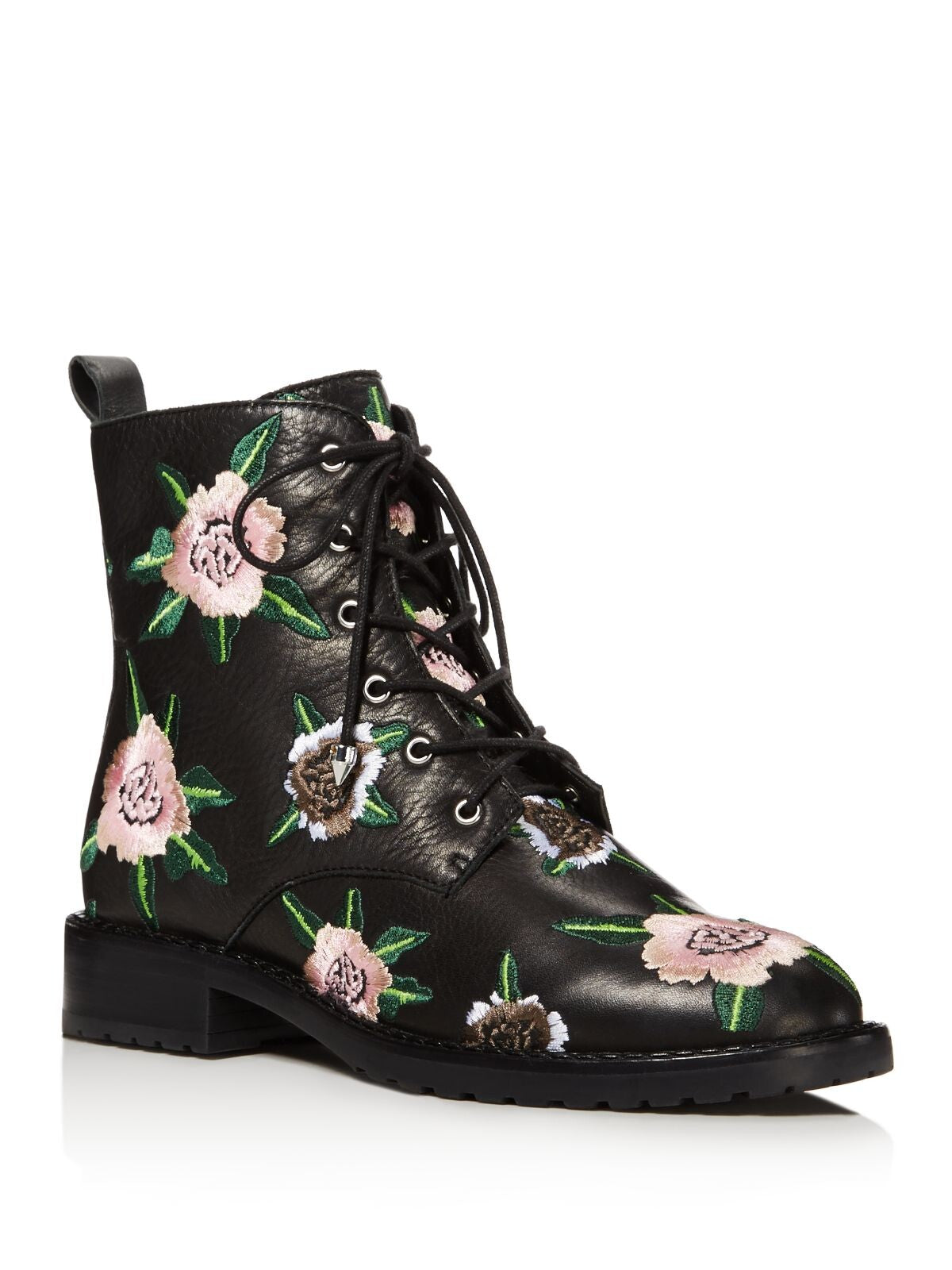 REBECCA MINKOFF Womens Black Floral Lace Up Embroidered Padded Gerry Round Toe Wedge Zip-Up Leather Dress Combat Boots 6 M