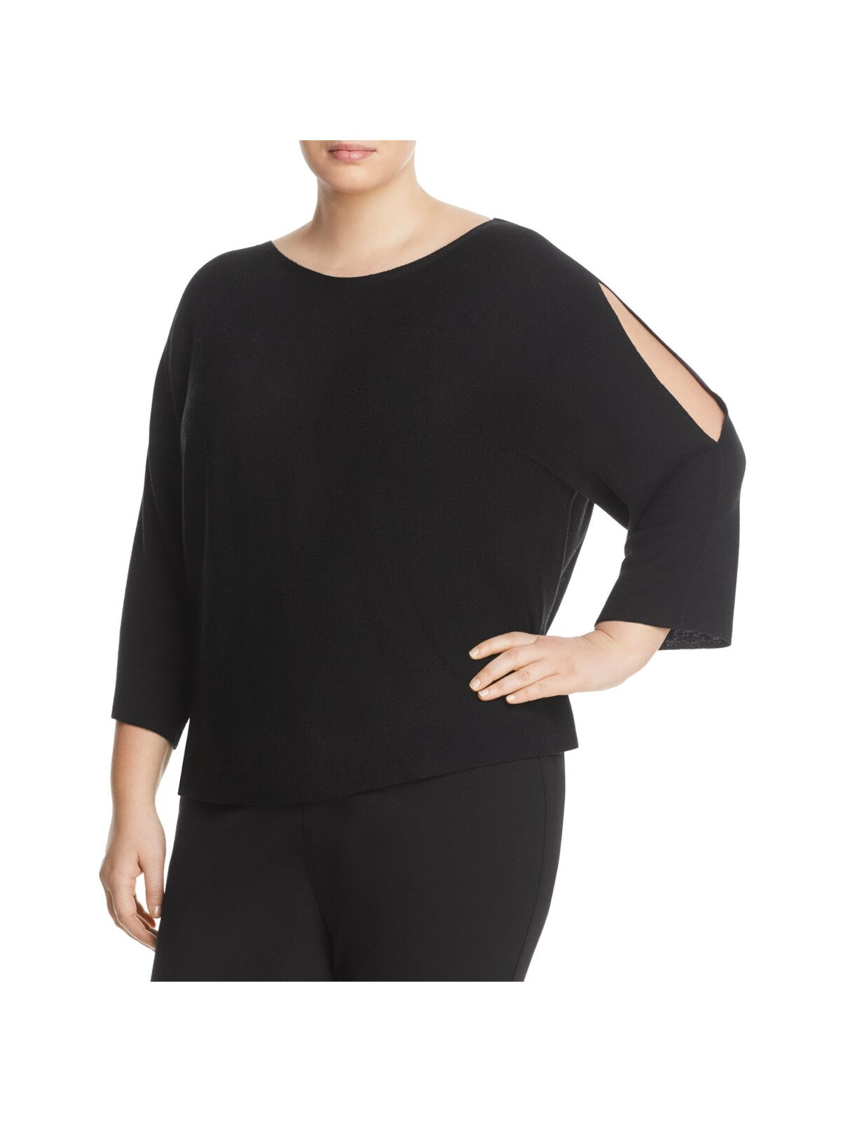 EILEEN FISHER Womens Black Merino Blend Ribbed Slit Sleeve 3/4 Sleeve Boat Neck Crop Top Sweater 3X