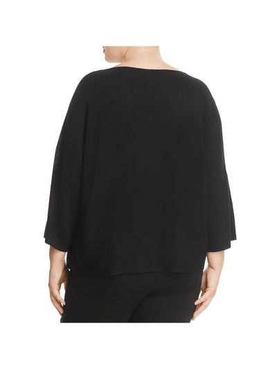 EILEEN FISHER Womens Black Merino Blend Ribbed Slit Sleeve 3/4 Sleeve Boat Neck Crop Top Sweater 3X