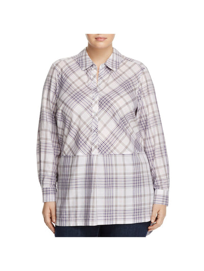 FOXCROFT Womens Gray Plaid Cuffed Sleeve Collared Tunic Top Plus 16W