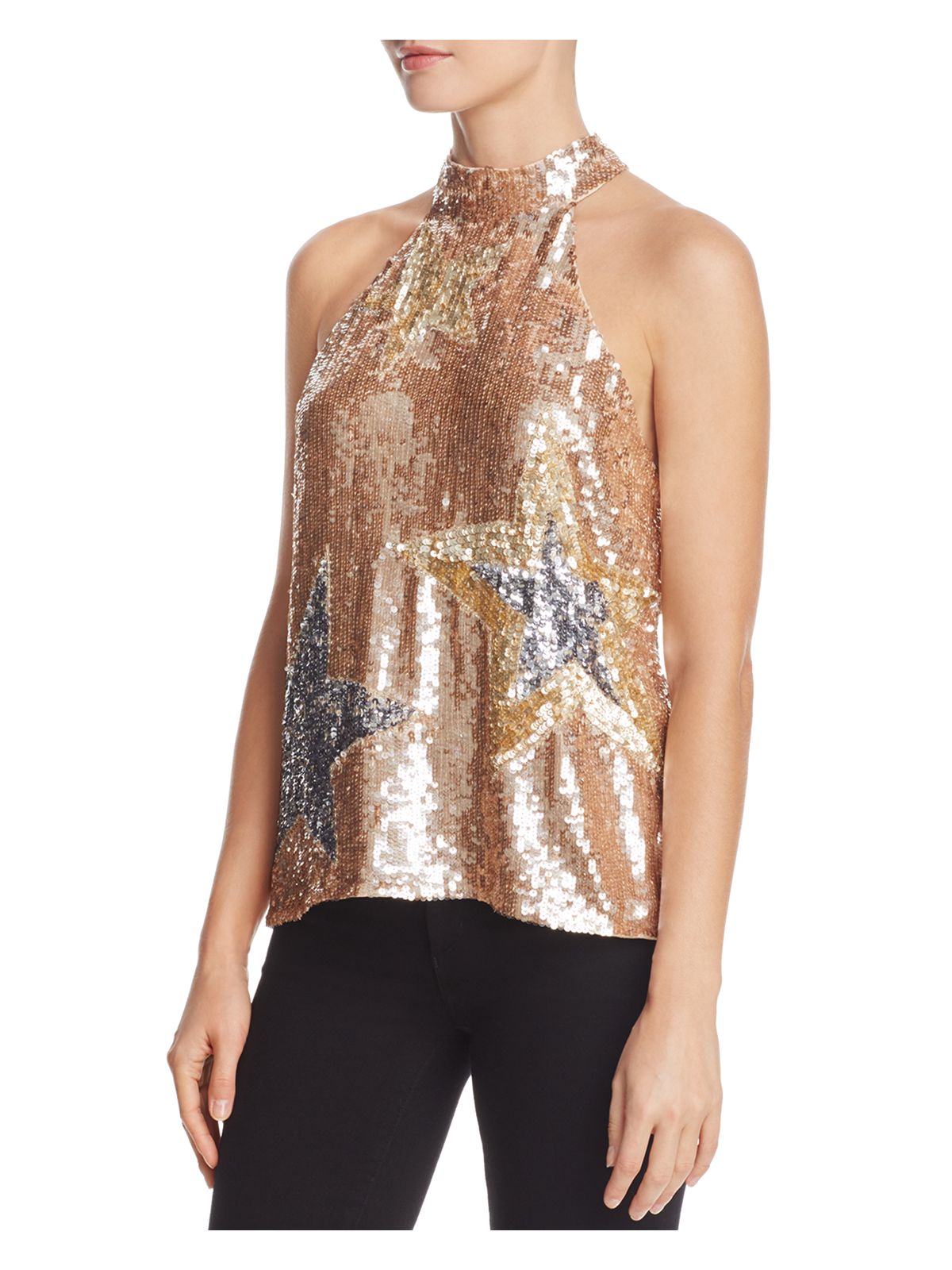 PARKER Womens Beige Sequined Metallic Sleeveless Halter Evening Top M