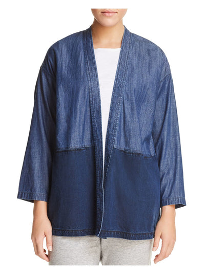 EILEEN FISHER Womens Blue Pocketed Kimono Jacket Color Block Long Sleeve Jacket Plus 3X