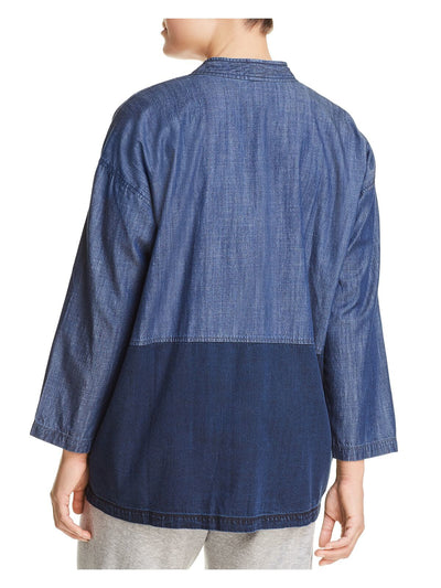 EILEEN FISHER Womens Blue Pocketed Kimono Jacket Color Block Long Sleeve Jacket Plus 3X