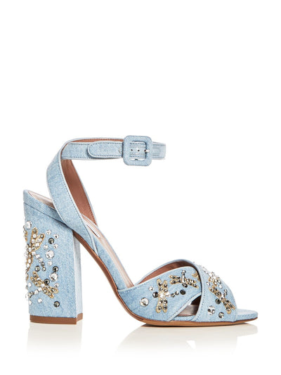 TABITHA SIMMONS Womens Light Denim Gold Blue Dragonfly Metallic Adjustable Ankle Strap Embroidered Rhinestone Connie Flyspark Open Toe Block Heel Buckle Dress Sandals Shoes 37