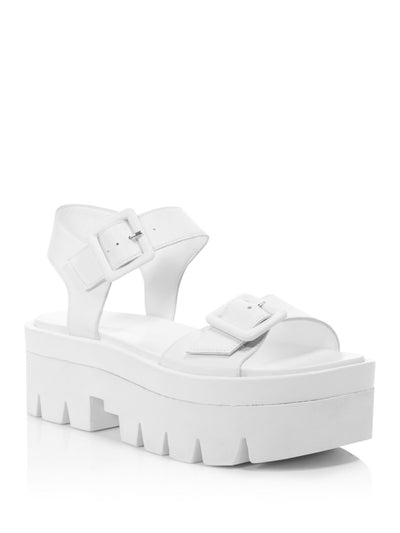 KENDALL + KYLIE Womens White Treaded Sole Ankle Strap Buckle Accent Wave Round Toe Wedge Buckle Leather Sandals Shoes 6.5 M