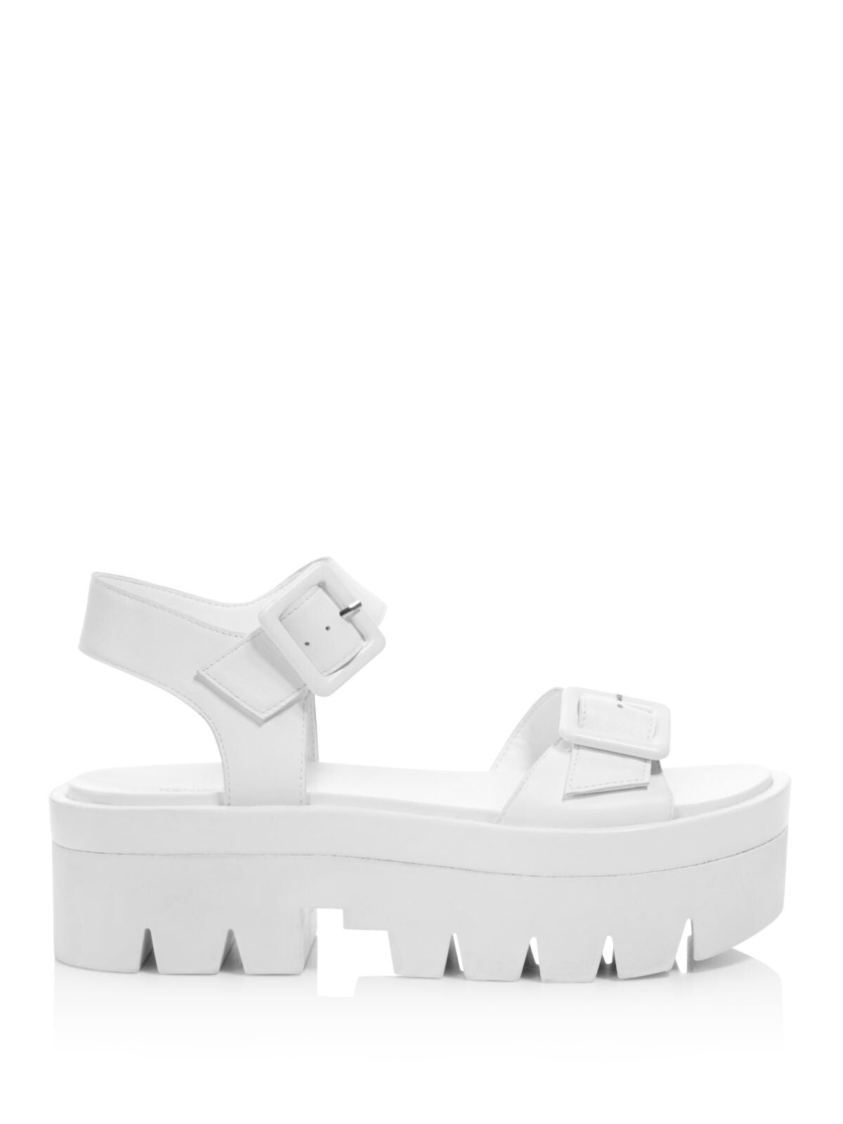 KENDALL + KYLIE Womens White Treaded Sole Ankle Strap Buckle Accent Wave Round Toe Wedge Buckle Leather Sandals Shoes 8.5 M