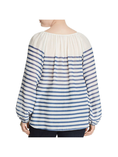 VINCE CAMUTO Womens White Striped Long Sleeve Split Peasant Top Plus 2X