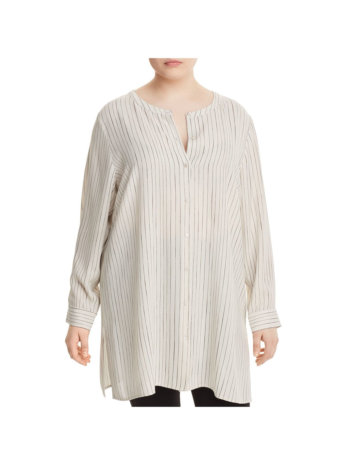 EILEEN FISHER Womens Beige Striped Cuffed Sleeve Crew Neck Tunic Top Plus 1X