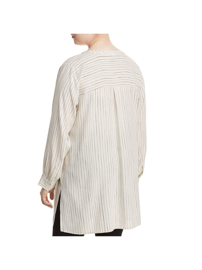 EILEEN FISHER Womens Beige Striped Cuffed Sleeve Crew Neck Tunic Top Plus 1X