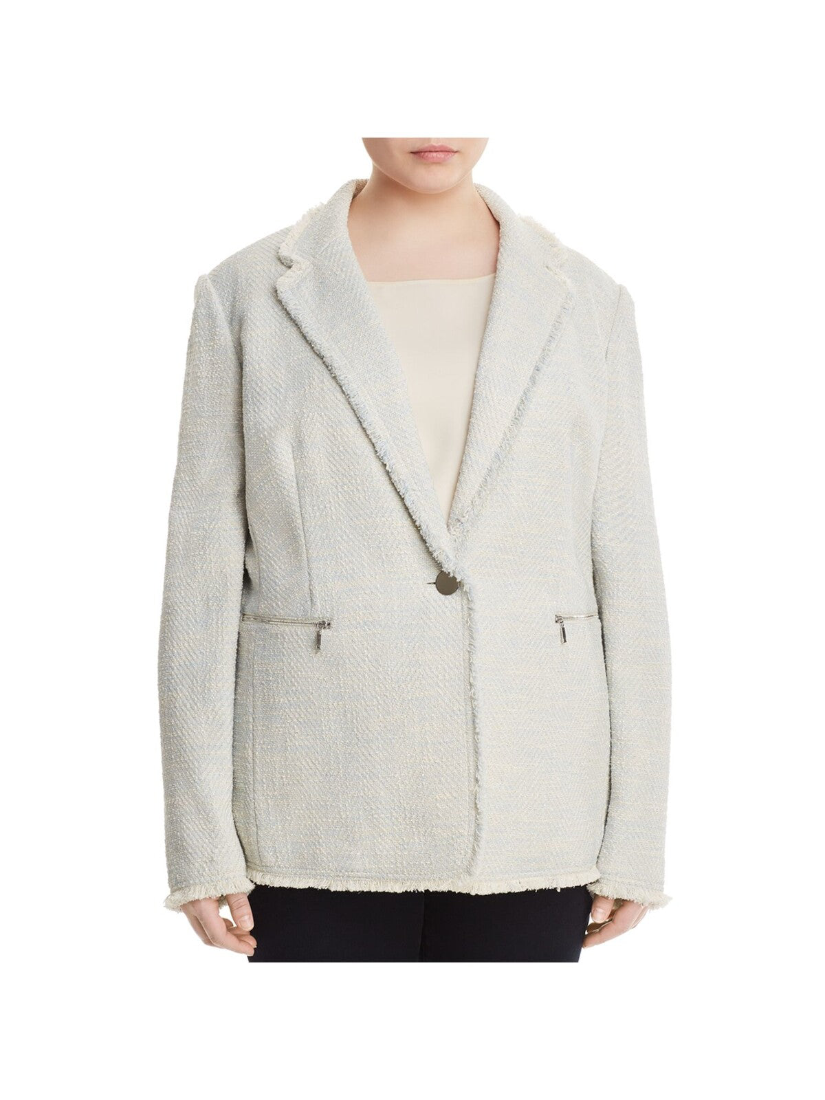 LAFAYETTE 148 Womens Light Blue Zippered Pocketed Frayed Metallic Wear To Work Blazer Jacket Plus 16W