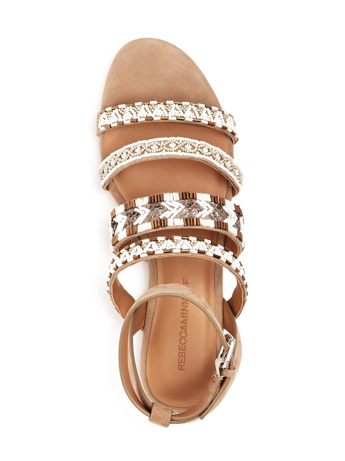 REBECCA MINKOFF Womens Beige Tribal Beaded Strappy Leila Round Toe Block Heel Buckle Leather Slingback Sandal M