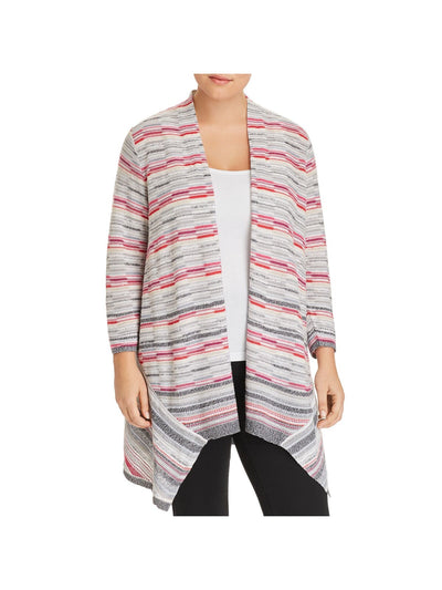 NIC+ZOE Womens Gray Striped 3/4 Sleeve Open Cardigan Wear To Work Top Plus 1X