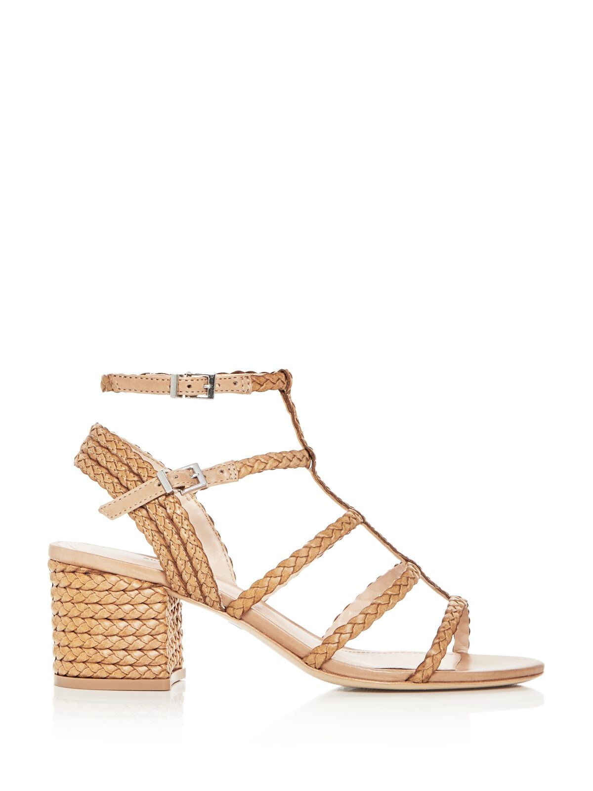 SCHUTZ Womens Beige Braided Strappy Clarcie Round Toe Block Heel Buckle Heeled Sandal 7 B